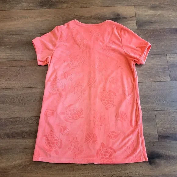 Womens ADONNA Terry cloth Zip Cover Up Robe L Coral Turtle Shells Print Pockets - Picture 6 of 13